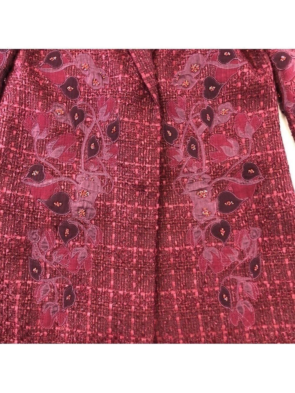 Tory Burch Patsy Glazed Tweed dark plum long line coat Size 2 appliqué embellish - Picture 4 of 14